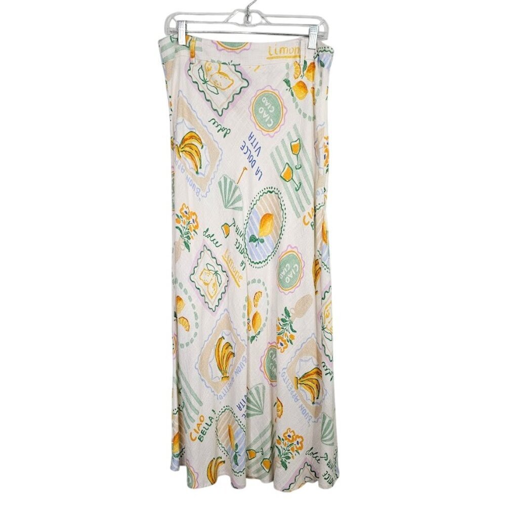 NWOT PAPER HEART ANTHROPOLOGIE Linen Maxi Skirt size XL LA DOLCE VITA Print Cute